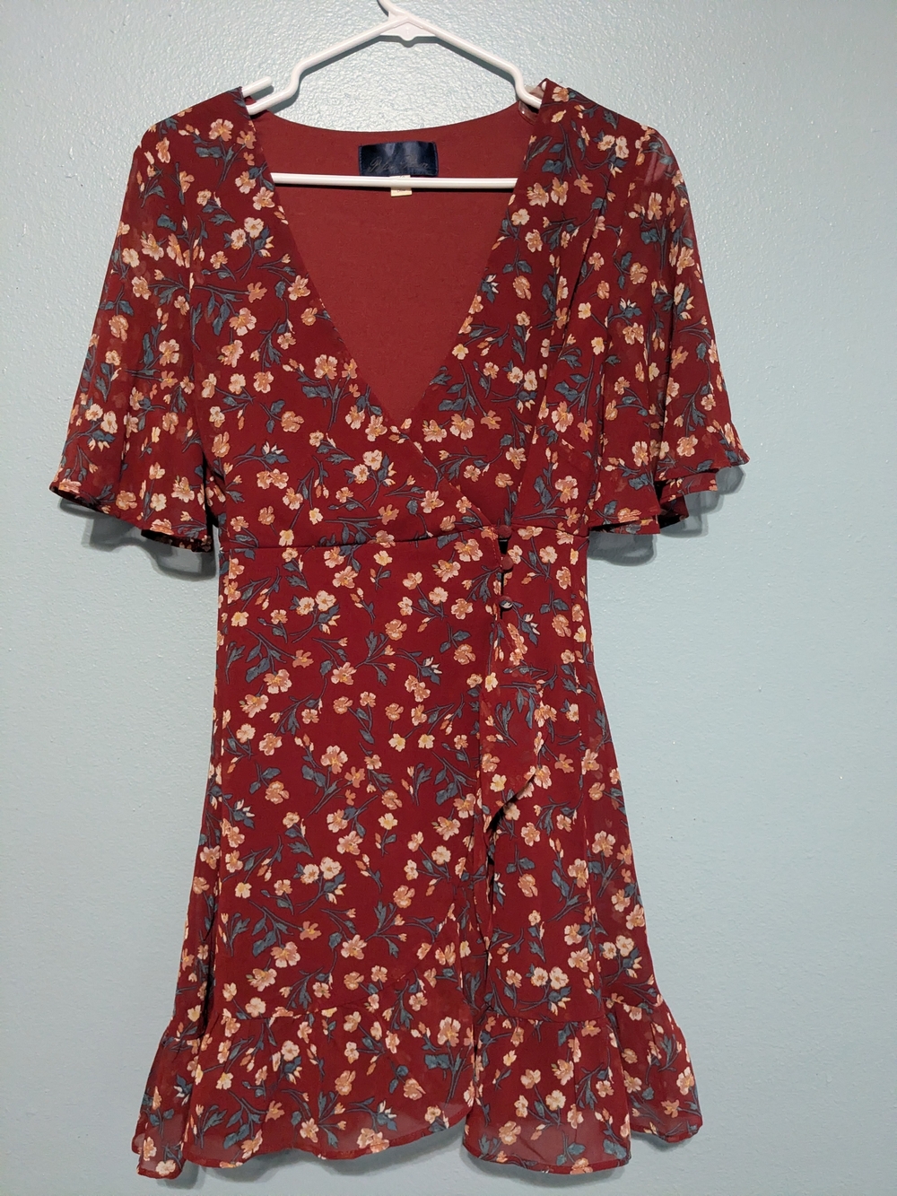 Blue Rain Rust Red Floral Wrap Mini Dress